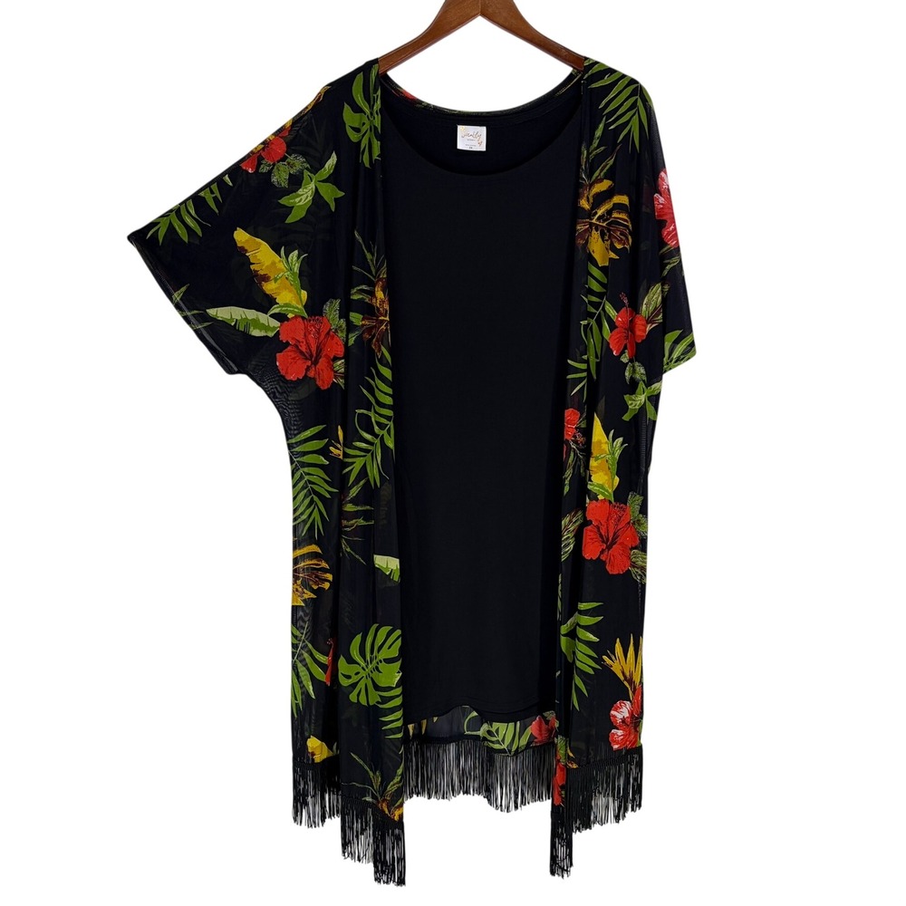 Sirenlily Women's Shift Dress W/ Attached Kimono 2X Black Tropical‎ Floral Chic